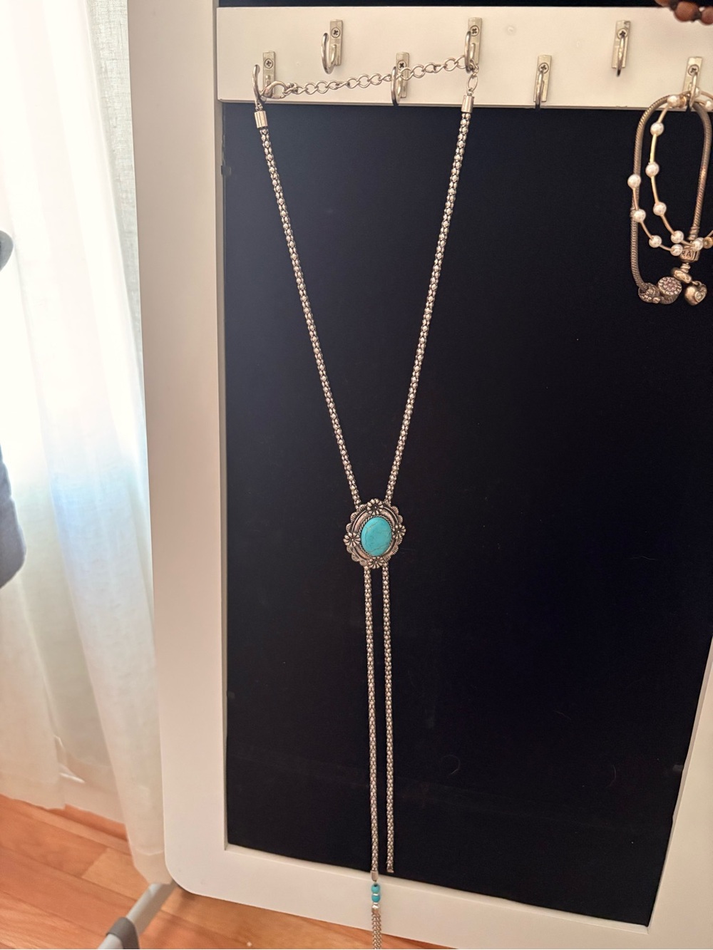 Silver-Tone Lariat Necklace with Turquoise Center Stone - Women Jewelry